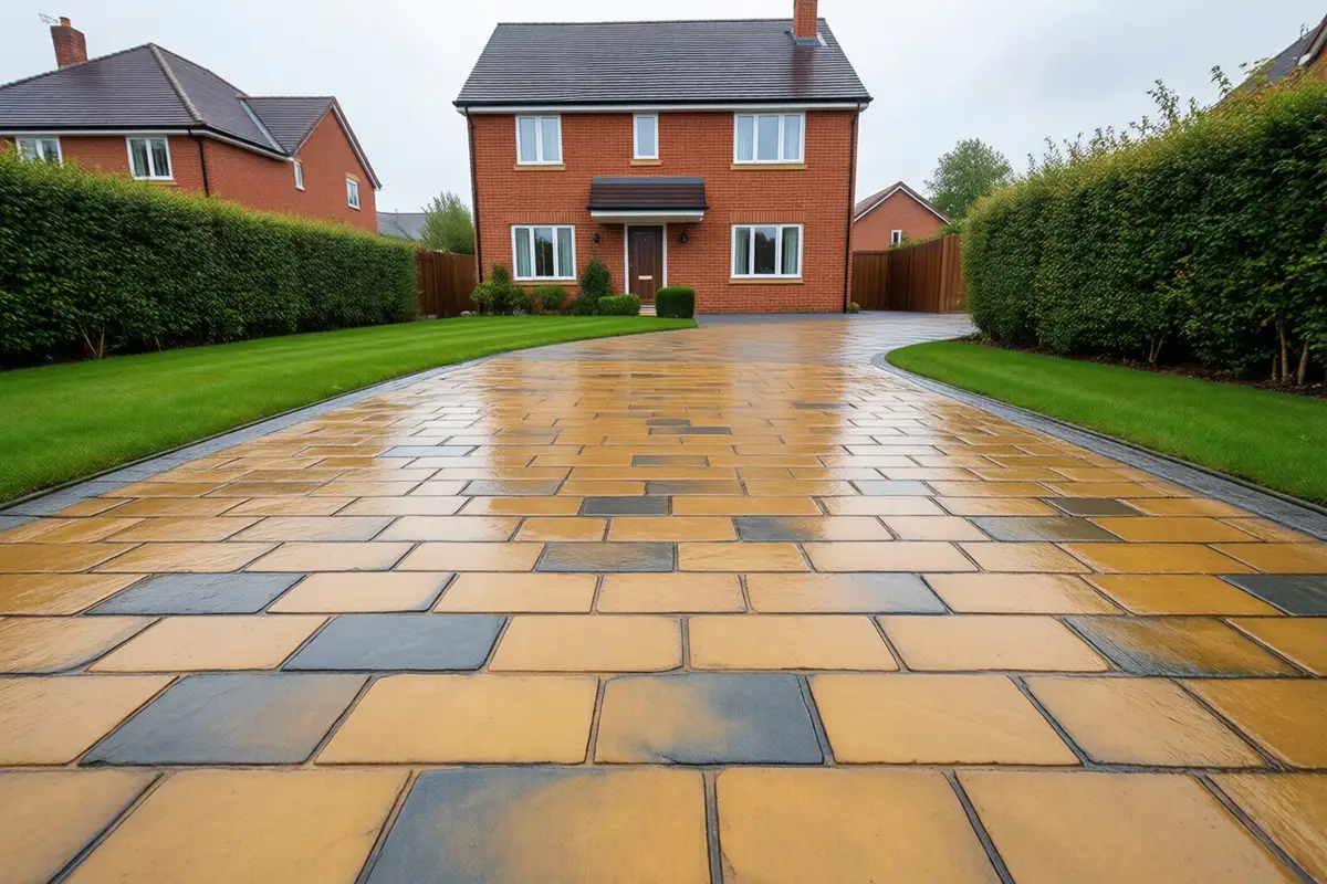 After — pattern imprinted concrete driveway, algae-stained and mossy before cleaning and restored to its original colour after