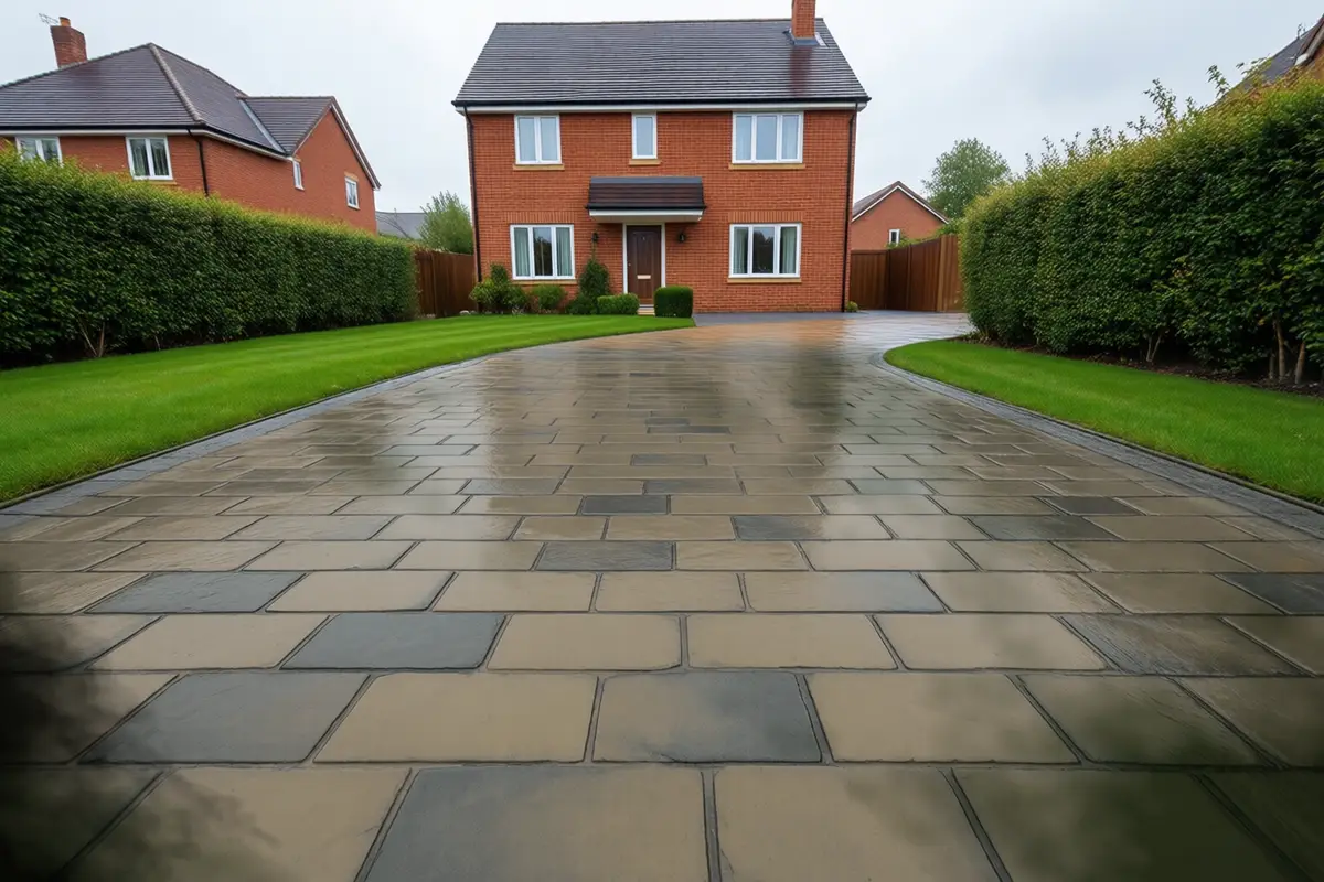 Before — pattern imprinted concrete driveway, algae-stained and mossy before cleaning and restored to its original colour after